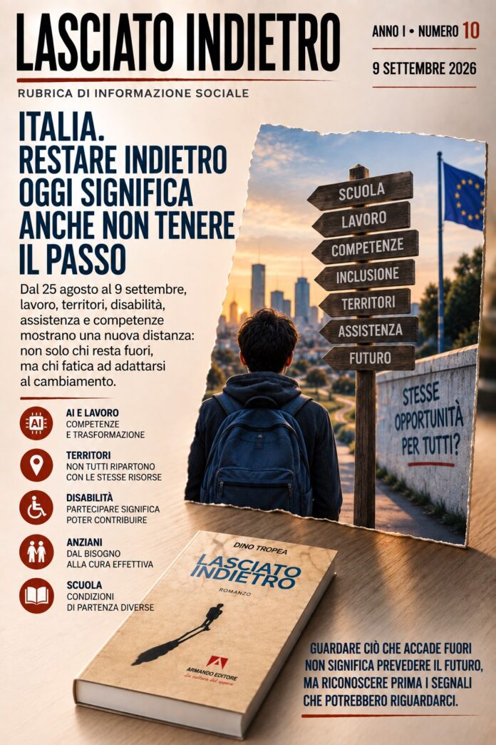 lasciato indietro 10 set 26 Lasciato Indietro, Anno I numero 10 del 9 settembre 2026: grafica dedicata alle nuove disuguaglianze legate a lavoro, competenze, scuola, territori, disabilità e assistenza.