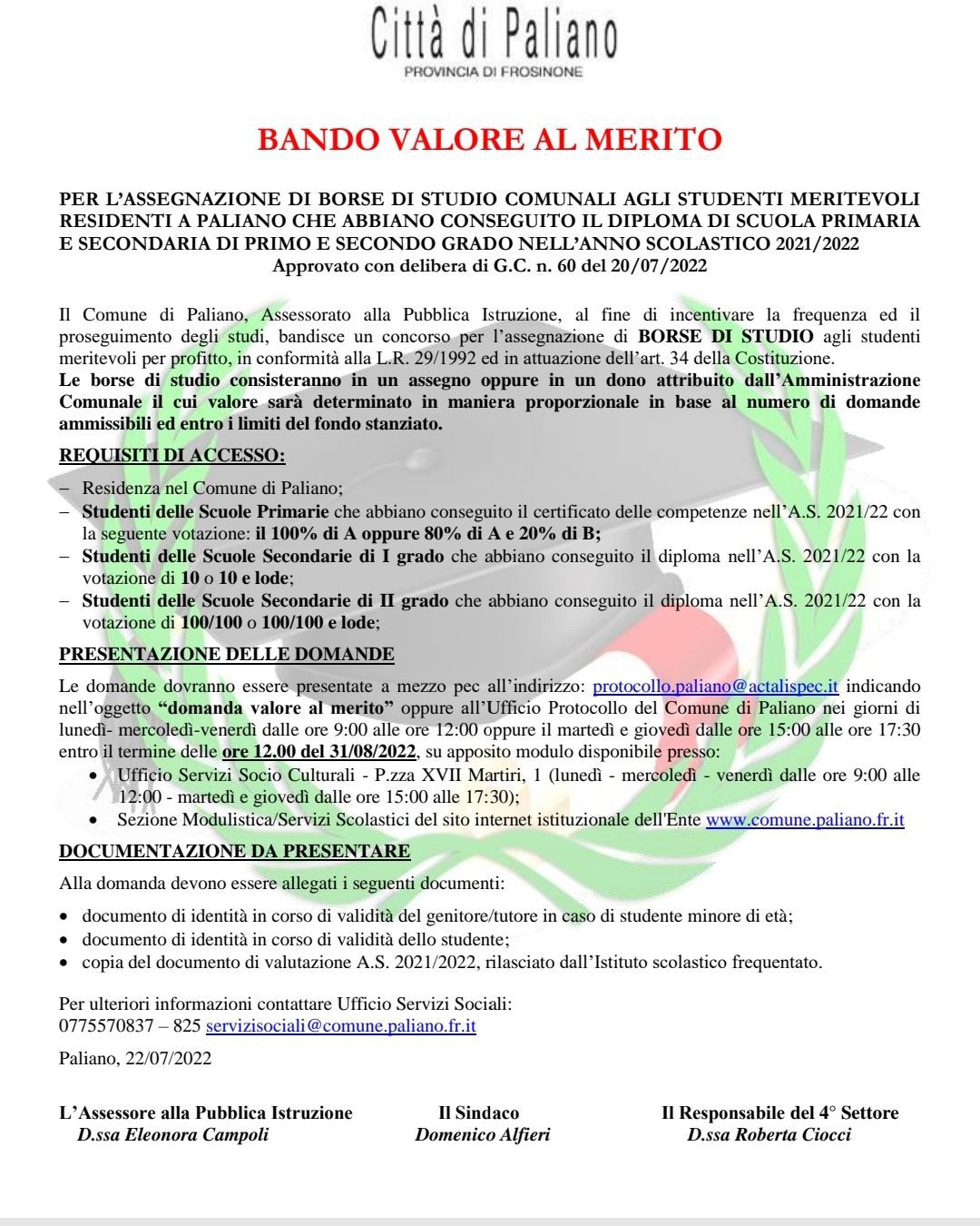 Bandito il concorso borse di studio “Valore al Merito” Bandito il concorso borse di studio “Valore al Merito”
