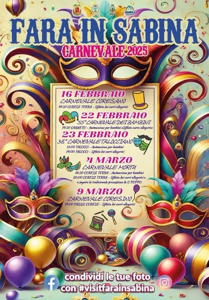DOMENICA INIZIA IL CARNEVALE A FARA IN SABINA: IL PROGRAMMA COMPLETO DEI FESTEGGIAMENTI TRA DIVERTIMENTO, MUSICA E TRADIZIONE DOMENICA INIZIA IL CARNEVALE A FARA IN SABINA: IL PROGRAMMA COMPLETO DEI FESTEGGIAMENTI TRA DIVERTIMENTO, MUSICA E TRADIZIONE