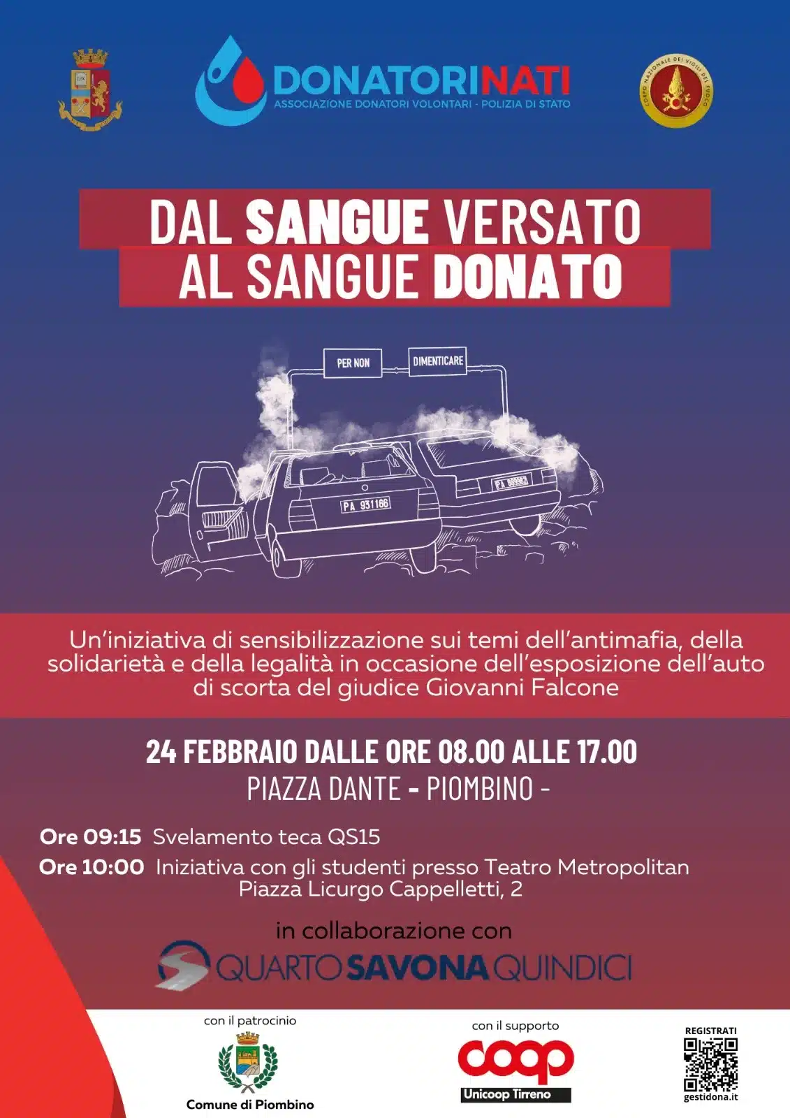Dal Sangue Versato al Sangue Donato, l’auto QS15 della scorta del giudice Falcone fa tappa a Piombino Dal Sangue Versato al Sangue Donato, l’auto QS15 della scorta del giudice Falcone fa tappa a Piombino