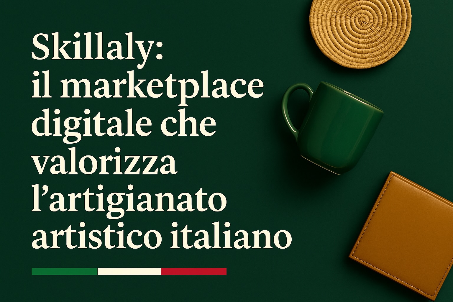Skillaly: il marketplace digitale che valorizza l’artigianato artistico italiano Copertina con il titolo "Skillaly: il marketplace digitale che valorizza l’artigianato artistico italiano" su sfondo verde scuro, affiancato da oggetti artigianali come una tazza in ceramica, un portafoglio in pelle e un sottopiatto intrecciato.