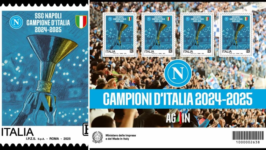 La coppa al cielo e gli spalti pieni: ecco il francobollo per il quarto scudetto del Napoli La coppa al cielo e gli spalti pieni: ecco il francobollo per il quarto scudetto del Napoli