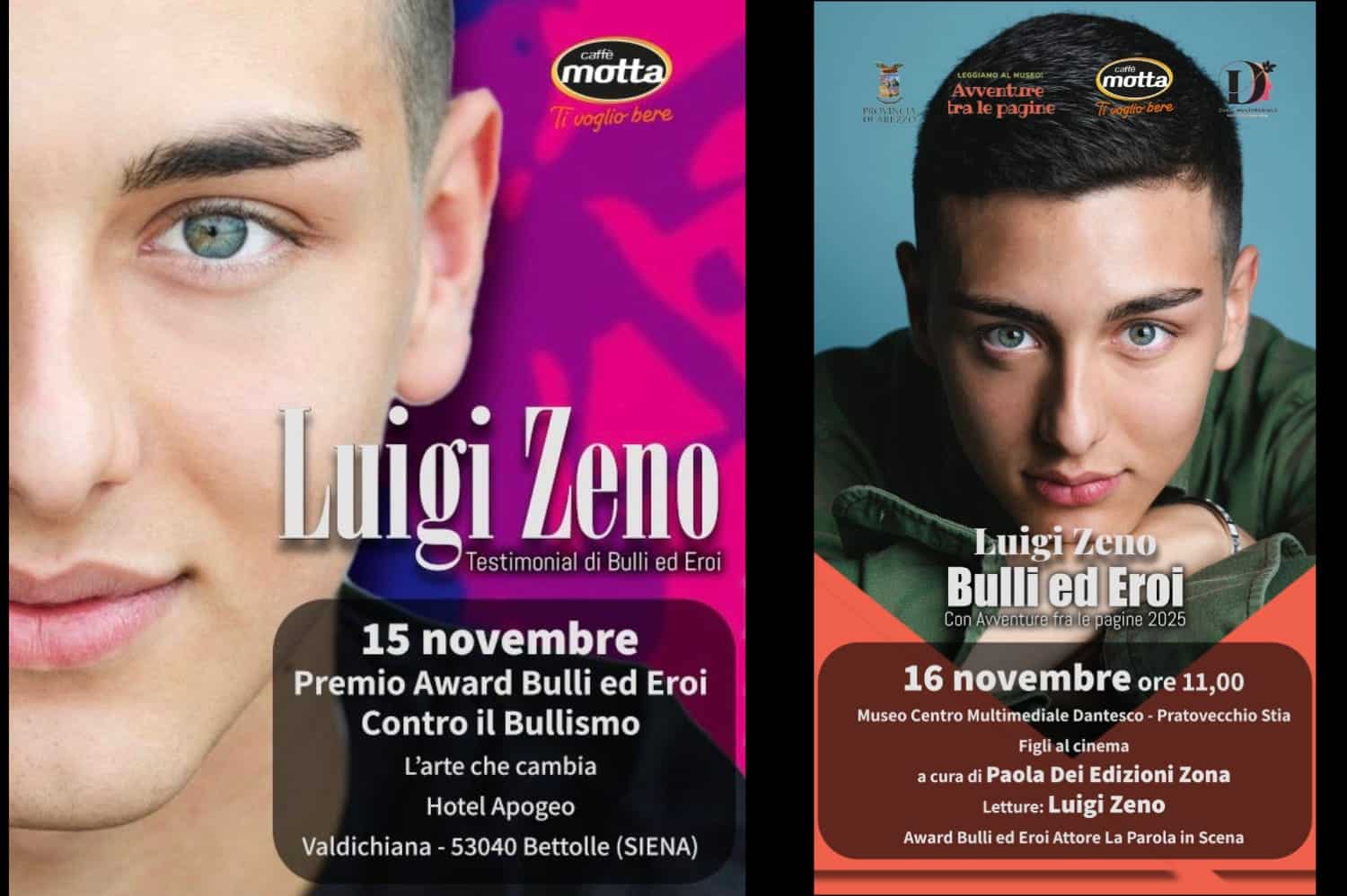 Testimonial a Bulli ed Eroi: Luigi Zeno, la voce giovane che trasforma l’arte in impegno civile Luigi Zeno, giovane attore e voce civile, porta il suo impegno contro il bullismo da Chianciano a Pratovecchio: due premi, due palcoscenici, un messaggio che emoziona e fa riflettere.