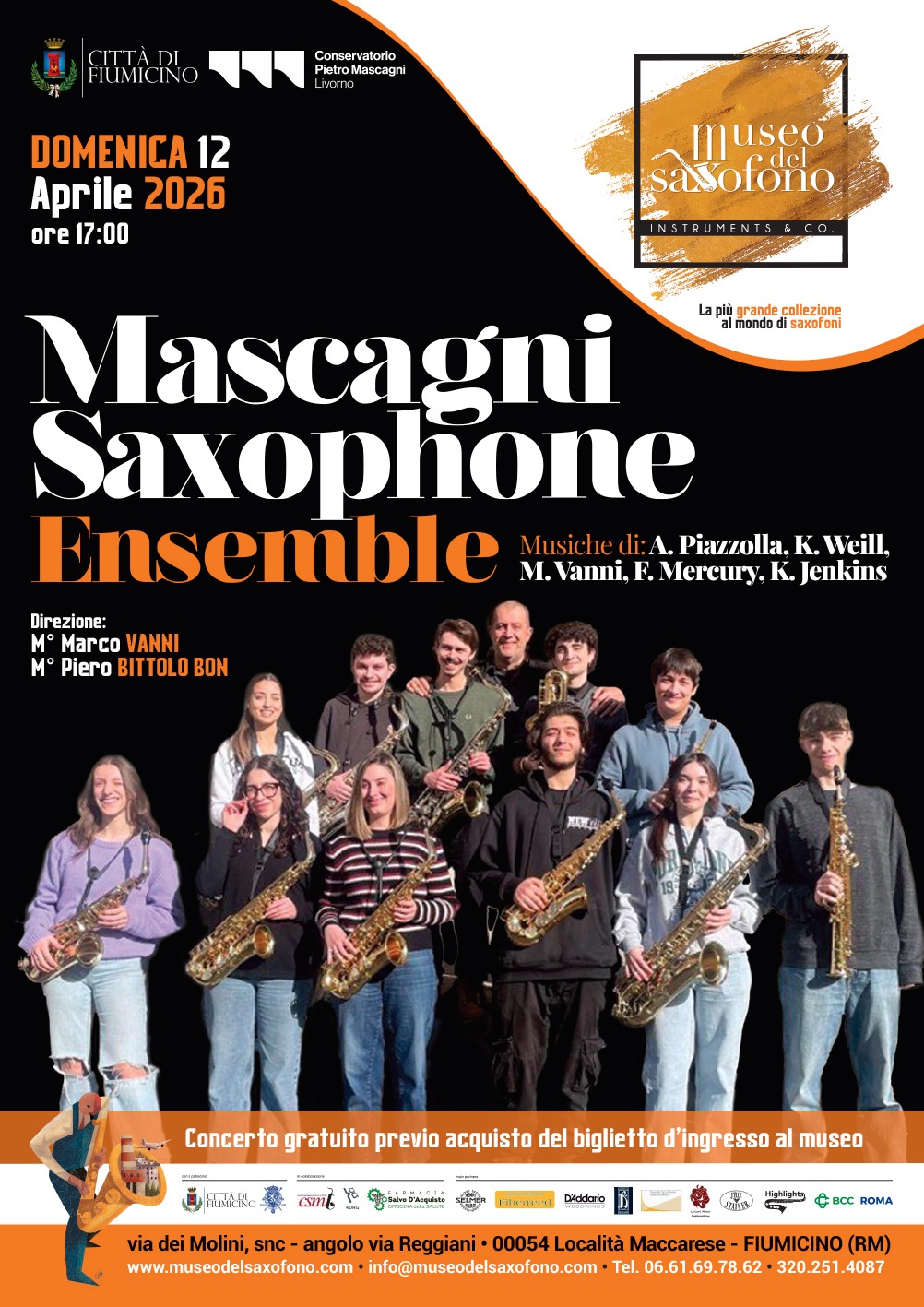 Concerto gratuito a Fiumicino il 12 aprile: sax, tango e pop al Museo del Saxofono con giovani musicisti del Conservatorio Mascagni.