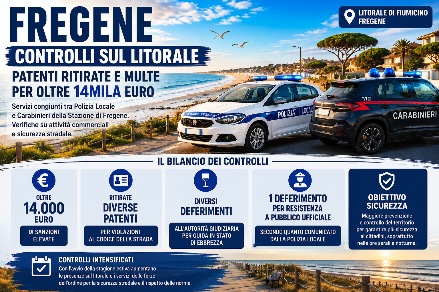 Fregene, controlli sul litorale: multe per oltre 14mila euro e patenti ritirate