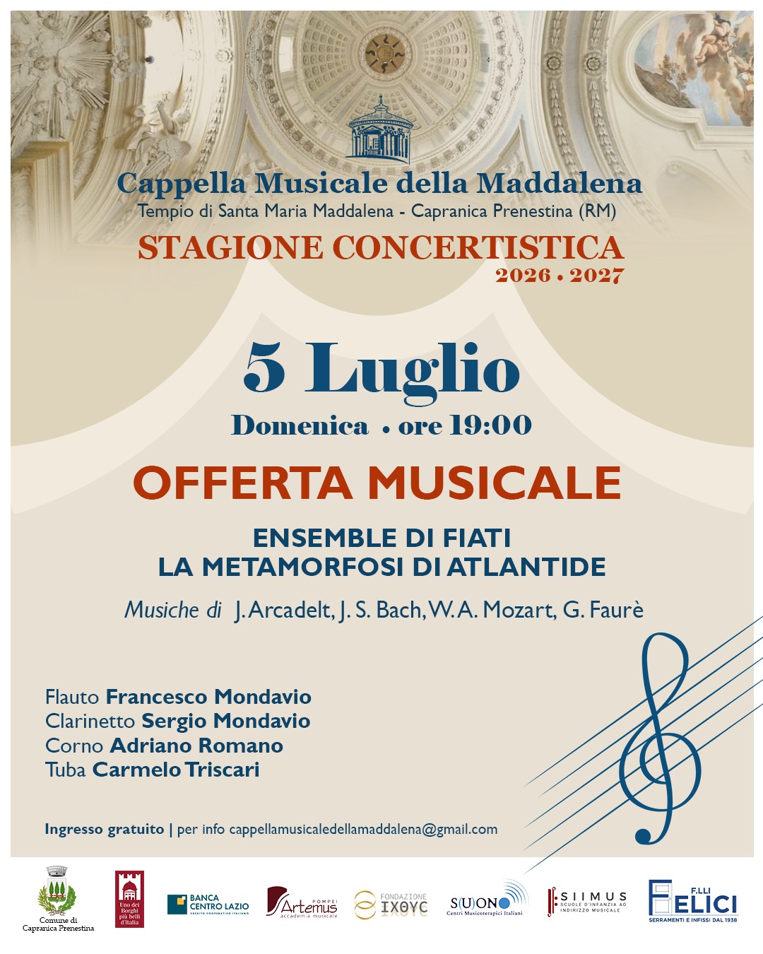 Stagione Concertistica Capranica Prenestina :” Concerto Ensemble di Fiati La “Metamorfosi di Atlantide” il 5 Luglio presso la Cappella Musicale della Maddalena Stagione Concertistica Capranica Prenestina :” Concerto Ensemble di Fiati La “Metamorfosi di Atlantide” il 5 Luglio presso la Cappella Musicale della Maddalena