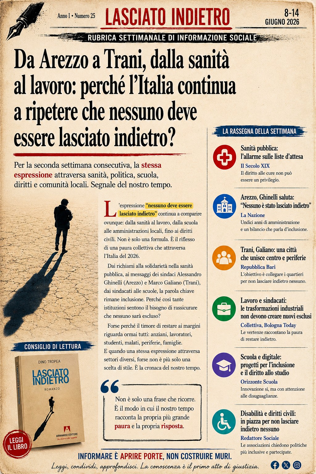 Italia. Lasciato indietro, da paura individuale a fenomeno collettivo Rubrica Lasciato Indietro: da Arezzo a Trani, il fenomeno sociale dell'espressione "nessuno deve essere lasciato indietro" nell'Italia del 2026