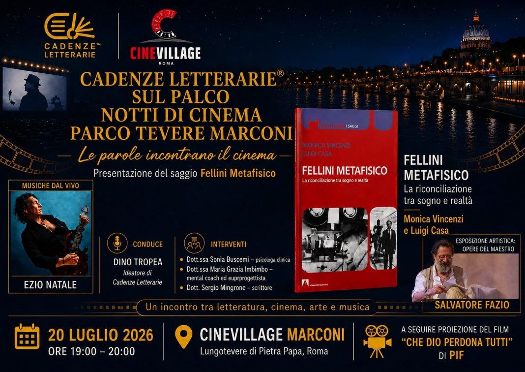 Cadenze Letterarie al Parco Tevere Marconi di Roma con tre appuntamenti estivi dedicati a libri, musica, arte e cinema.