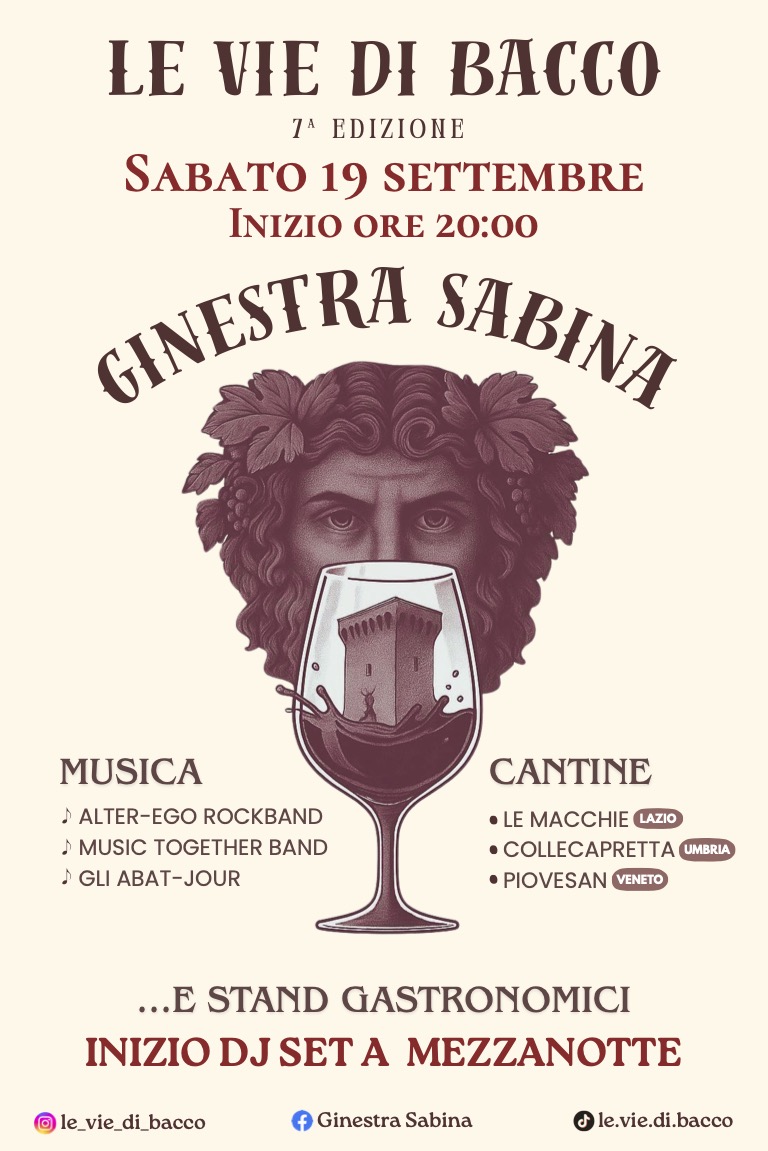 Torna “Le Vie di Bacco” a Ginestra Sabina: una notte tra grande vino, musica live e gastronomia