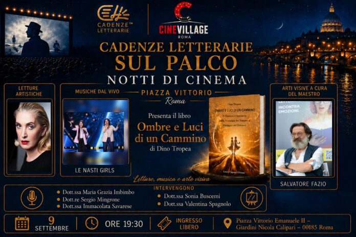 Locandina 9 settembre orizzontale finale Locandina di Cadenze Letterarie a Notti di Cinema a Piazza Vittorio, Roma, 9 settembre 2026.