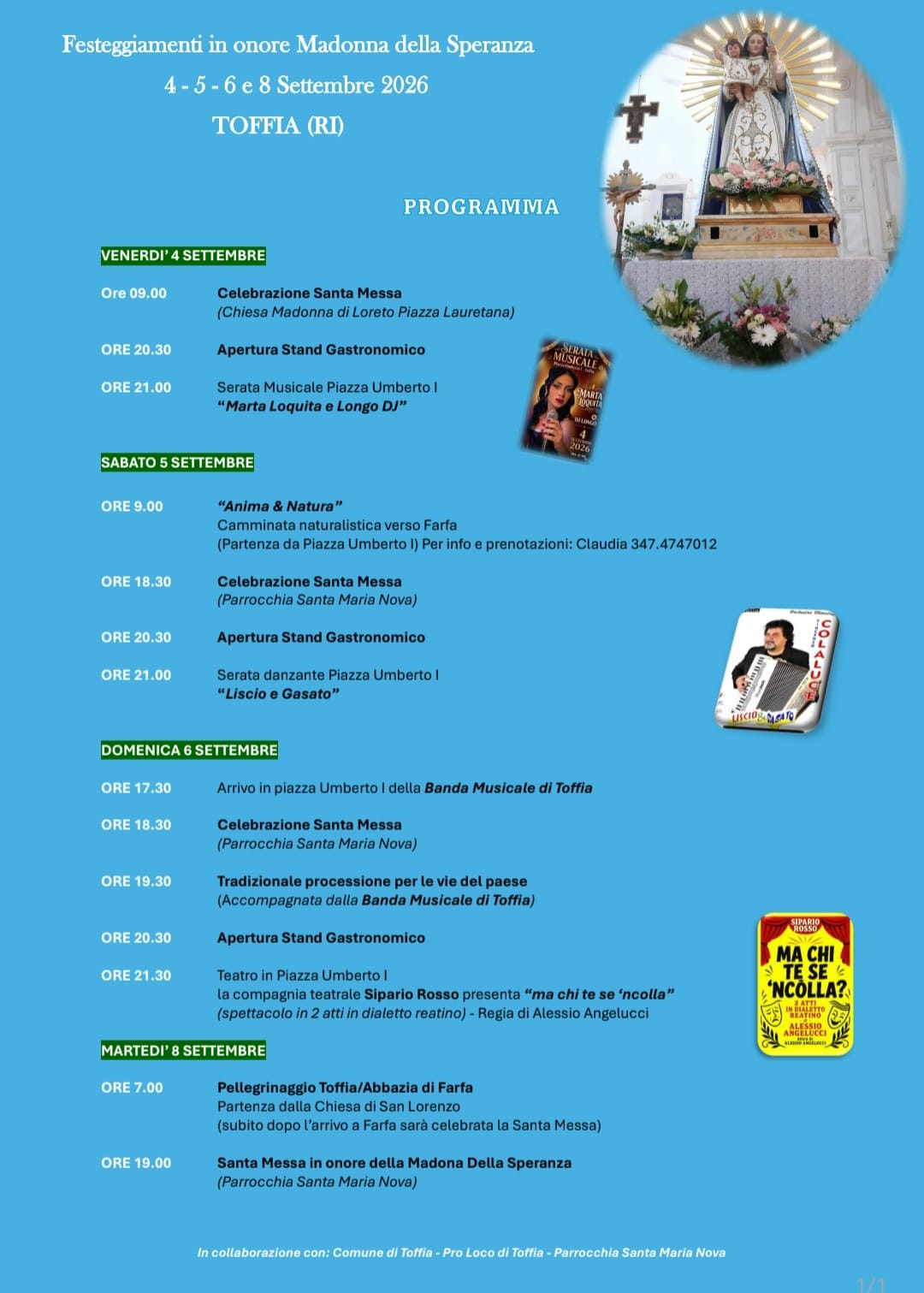 Toffia si veste a festa per la Madonna della Speranza: dal 4 all’8 settembre un ricco programma tra fede, musica e tradizione