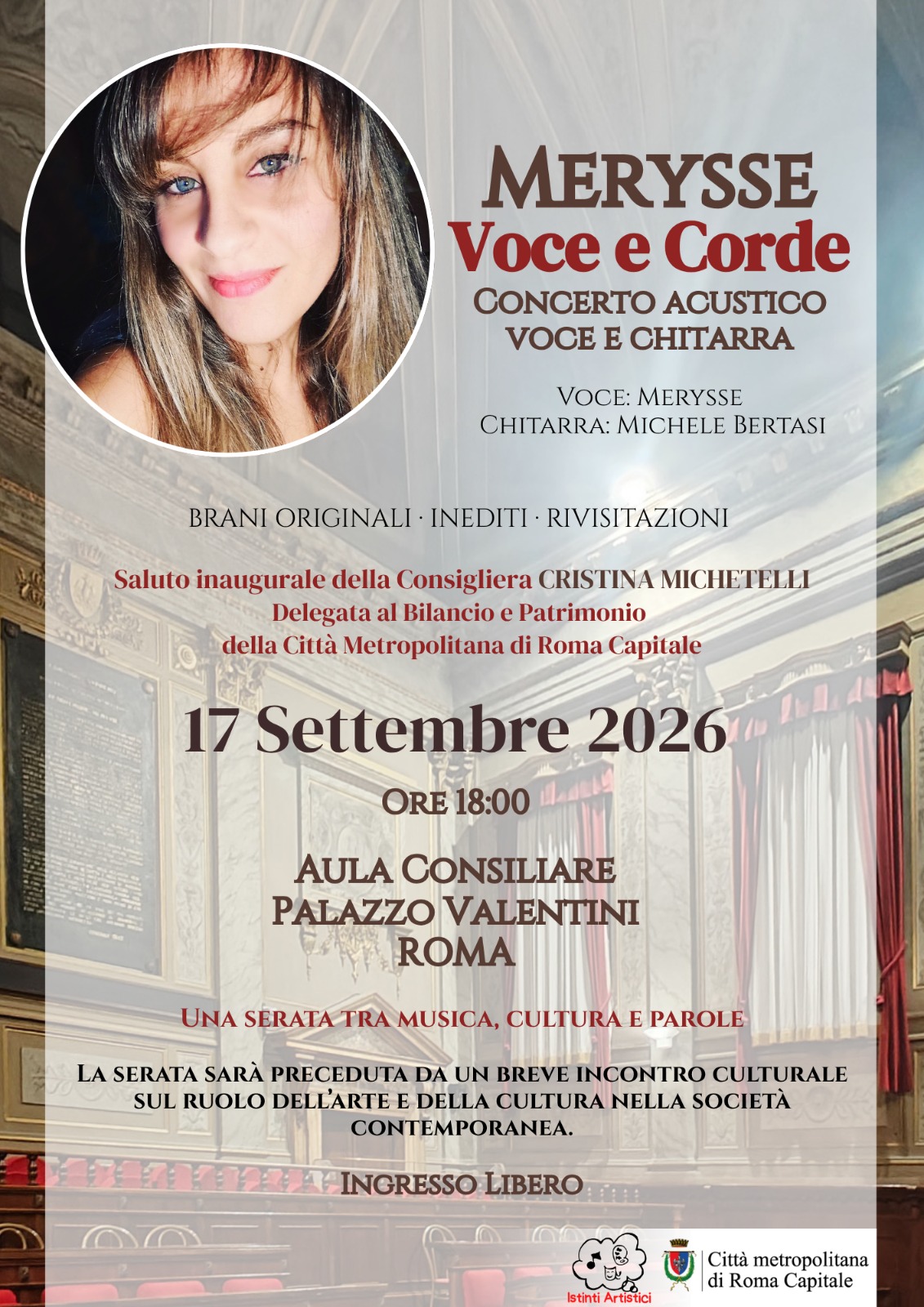 Roma. Merysse a Palazzo Valentini, musica nell’Aula Consiliare Voce e Corde, concerto con Michele Bertasi a Palazzo Valentini a Roma il 17 settembre 2026.
