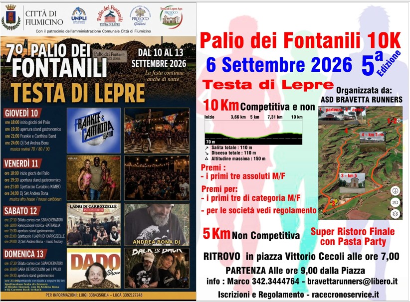 Fiumicino. Palio dei Fontanili, Testa di Lepre in festa Locandina del Palio dei Fontanili 2026 a Testa di Lepre, Fiumicino