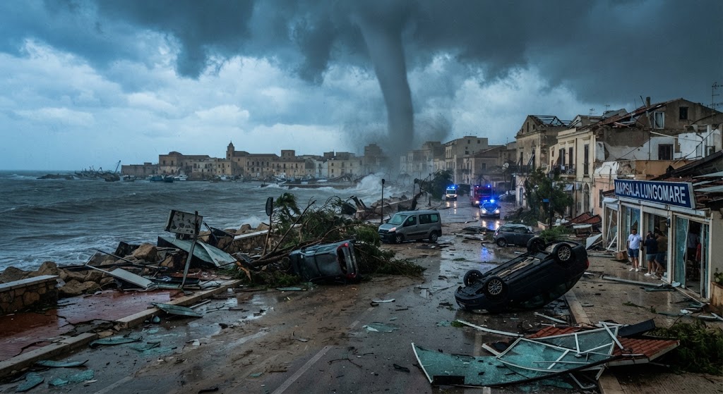 Cronaca e Maltempo: Paura a Marsala, una violenta doppia tromba marina si abbatte sulla costa: auto ribaltate e feriti