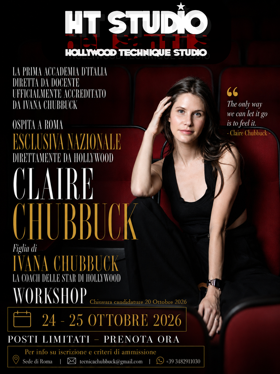Claire Chubbuck a Roma: due giorni di lavoro sulla recitazione con l’HT Studio De Santis Locandina del workshop di Claire Chubbuck a Roma, il 24 e 25 ottobre 2026, organizzato dall’HT Studio De Santis.