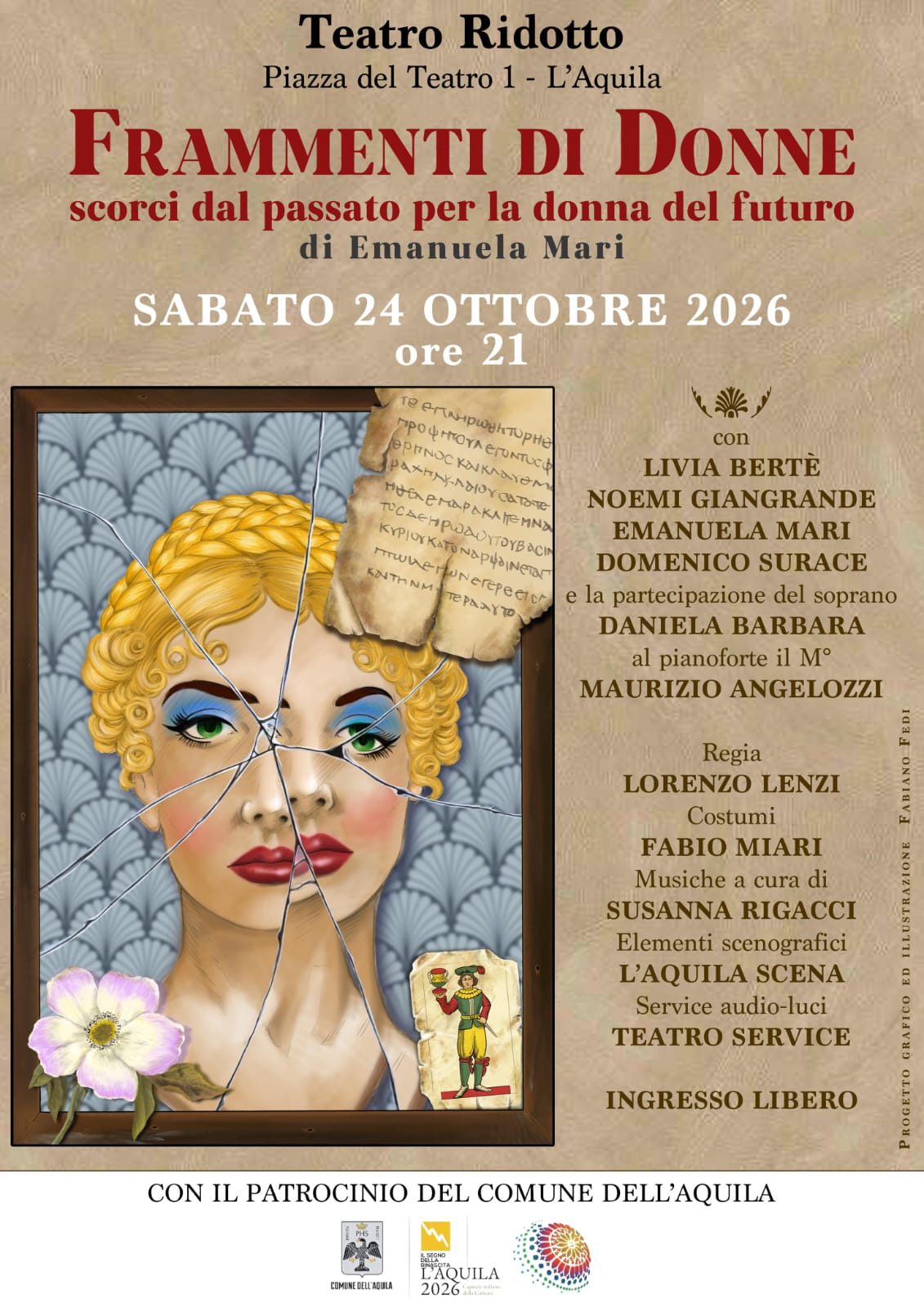 L’Aquila. “Frammenti di donne”, il debutto al Ridotto Locandina di Frammenti di donne di Emanuela Mari: un volto femminile in uno specchio infranto, debutto all’Aquila il 24 ottobre 2026.