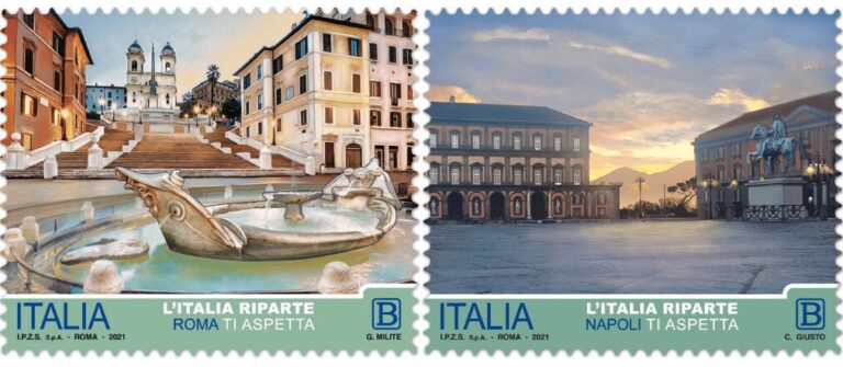 Barcaccia di Roma e piazza Plebiscito a Napoli tra i francobolli della serie “l’Italia riparte”