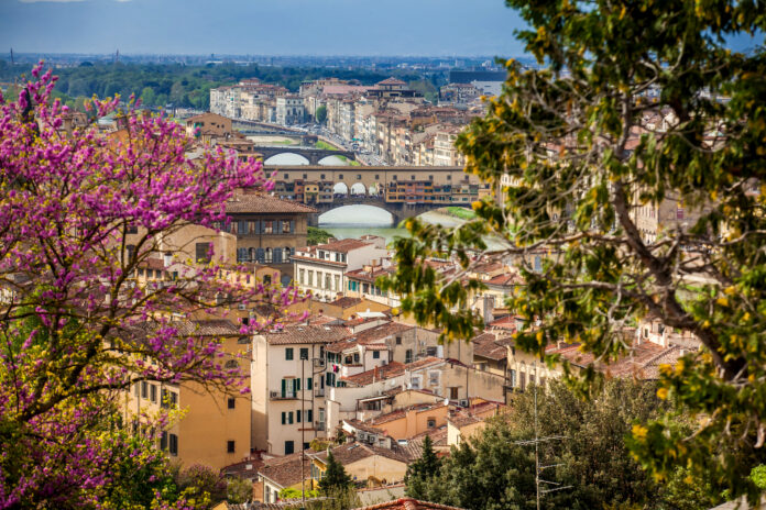 View of the beautiful city of Florence from the Giardino delle rose in an early spring day