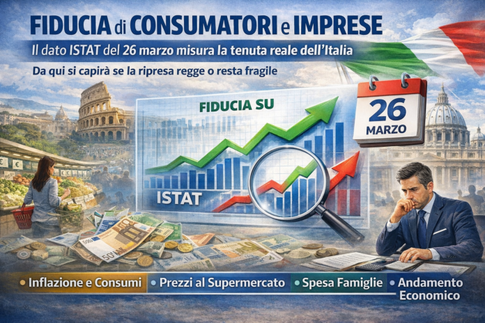 istat dato marzo 2026 Grafica sulla fiducia economica in Italia: dati ISTAT su consumatori e imprese, spesa al supermercato, inflazione e lavoro, con Roma sullo sfondo.