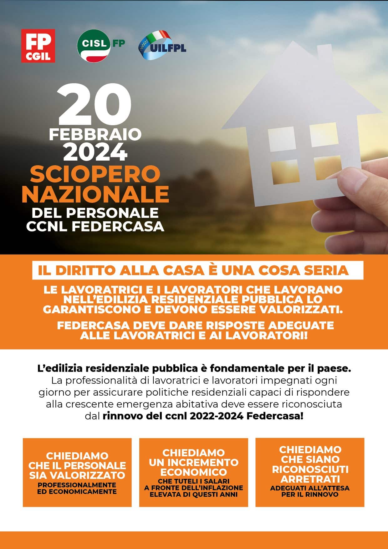 Sciopero-Federcasa FP CGIL CISL FP UIL FPL 20 FEBBRAIO 2024