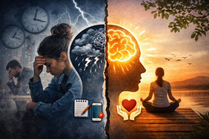 salute mentale Rappresentazione del contrasto tra stress mentale e benessere: da un lato una persona in difficoltà, dall’altro una figura in meditazione simbolo di equilibrio