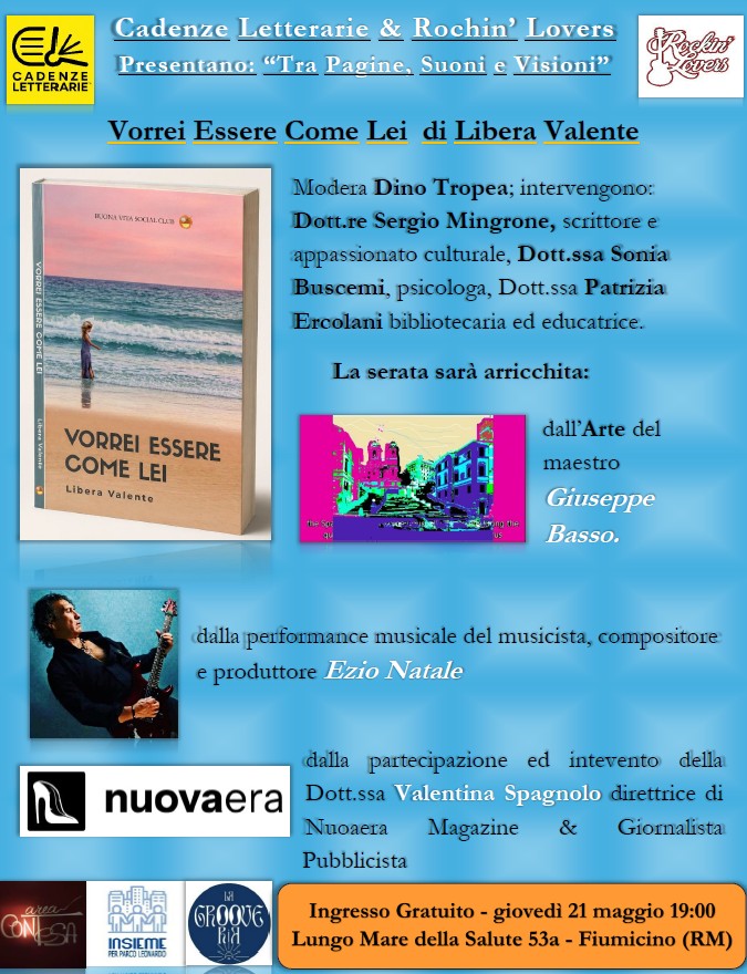 Locandina CL 21 maggio 2026 Cadenze Letterarie a Fiumicino sul Lungomare della Salute con Libera Valente, musica e arte dal vivo