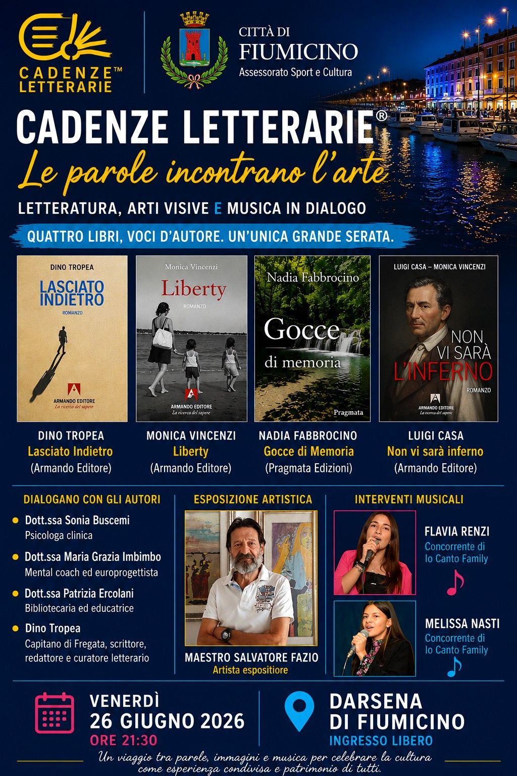 Cadenze Letteraie sere d'estate fiumicino 25 giugno Locandina di Cadenze Letterarie alla Darsena di Fiumicino il 26 giugno 2026.