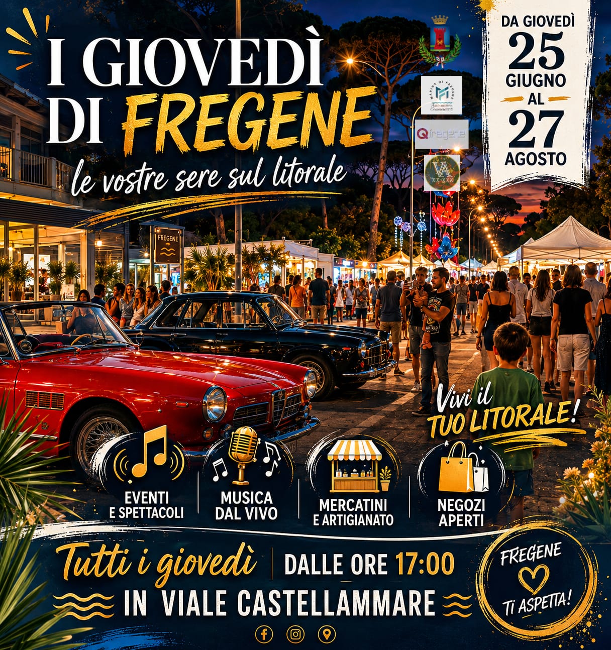 WhatsApp Image 2026-06-15 at 18.44.53 (1) Dal 25 giugno al 27 agosto viale Castellammare ospita eventi, musica, mercatini e attività commerciali nel cuore di Fregene.