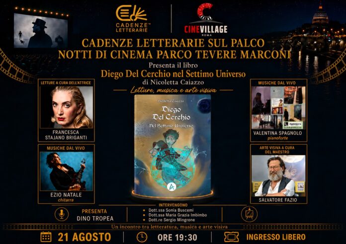 Cadenze Letterarie al Parco Tevere Marconi il 21 agosto con Diego Del Cerchio Locandina di Cadenze Letterarie sul Palco a Roma il 21 agosto 2026